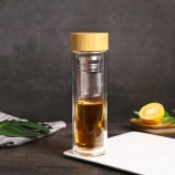 380ML创意茶语楠竹盖双层玻璃杯不锈钢茶漏商务杯子