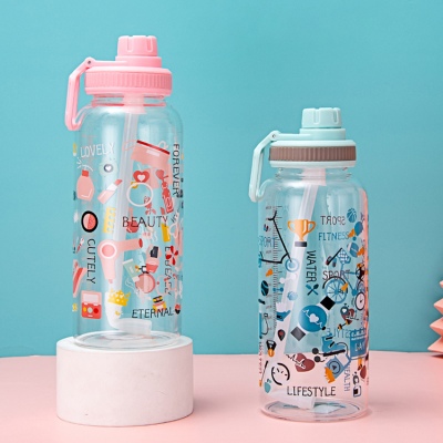 1000ML太空盖满花玻璃杯简约清新学生大容量吸管杯