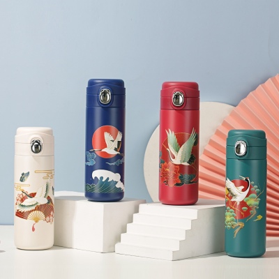 400ML国潮仙鹤保温杯个性潮流复古中国风弹盖水杯子