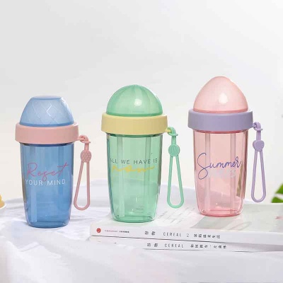 480ML英文暮色双饮吸管杯便携提手户外运动健身塑料杯