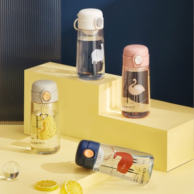 450ML卡通萌宠动物弹盖塑料杯直饮运动带提手学生水杯