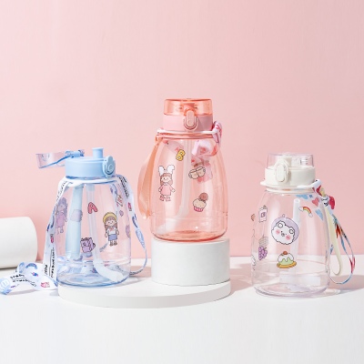 1100ML可爱便携背带塑料杯大容量吸管水杯送贴纸