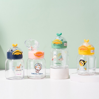 300ML卡通小鸭吸管塑料杯清新可爱便携提手弹盖水杯