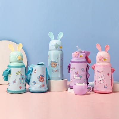 500ml小萌兔兔耳儿童保温杯304不锈钢一杯两盖吸管水壶