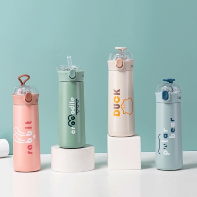 450ML乐酷文字动物吸管保温杯304不锈钢便携水杯子