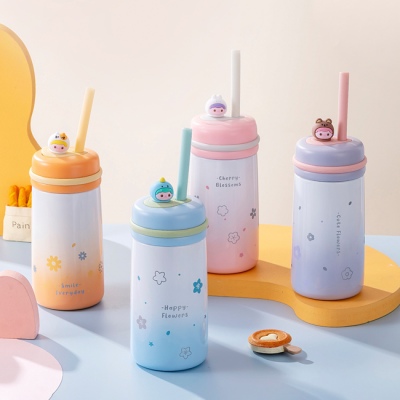 350ML花雨纷纷吸管保温杯304不锈钢学生卡通可爱水杯