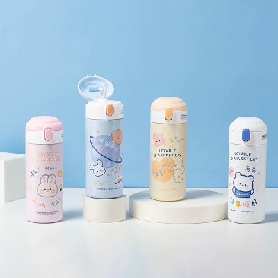 380ML每日开心保温杯时尚小巧卡通图案简约弹盖水杯
