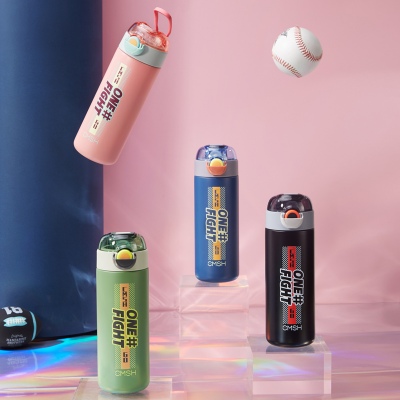 420ML潮流英文弹盖保温杯吸管杯便携304不锈钢水杯