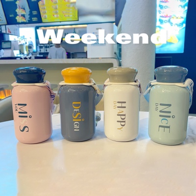 320ML时尚英文背带保温杯304不锈钢潮流纯色直身杯子