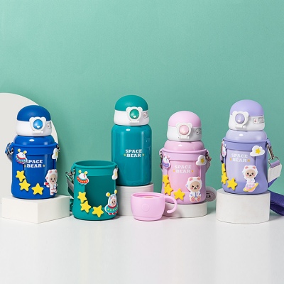 500ML卡通太空旅行熊保温杯316不锈钢一杯两盖儿童杯