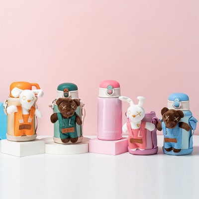 500ML卡通毛绒兔熊儿童壶304不锈钢一杯两盖保温杯