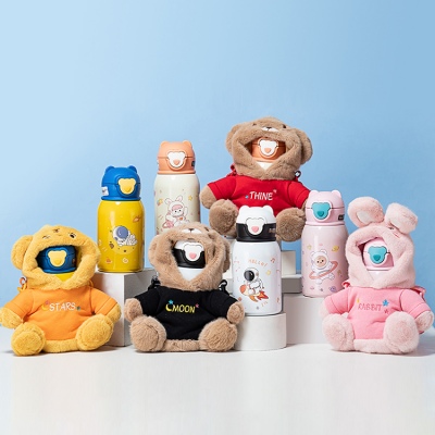 450ML卡通毛绒小熊单盖儿童保温杯316不锈钢吸管杯