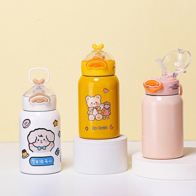 400ML贴纸款小萌鸭吸管保温杯304不锈钢弹跳盖水杯