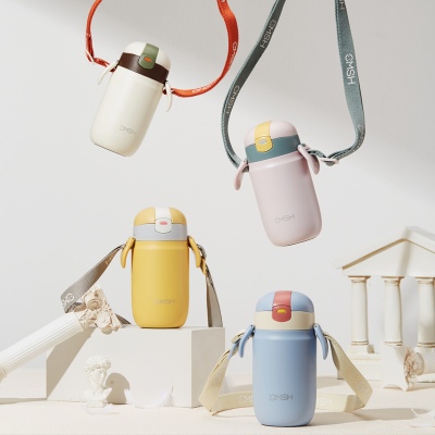 360ML萌趣背带吸管保温杯304不锈钢小巧弹跳盖水杯