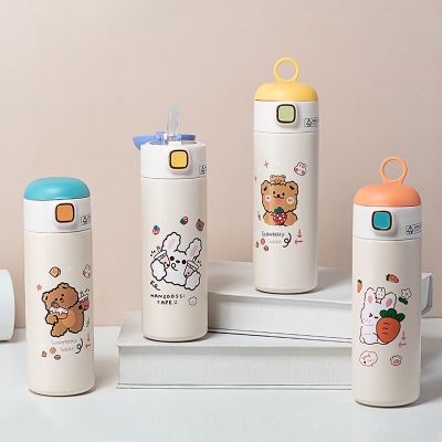 420ML吃货兔熊吸管保温杯304不锈钢小清新弹跳盖水杯