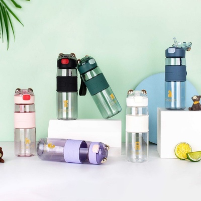 480ML笨笨小熊吸管塑料杯运动手提太空杯学生随手杯