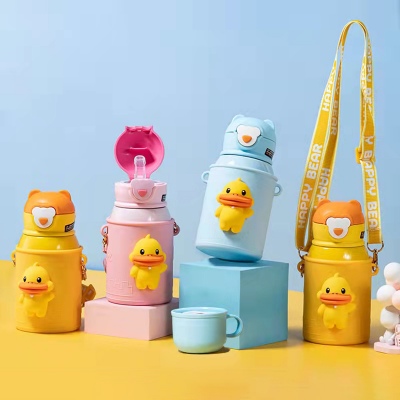 450ML卡通DUCK叫叫儿童保温杯316不锈钢背带儿童壶