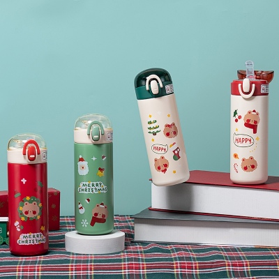 420ML圣诞熊熊保温杯304不锈钢弹跳盖节日礼品杯子