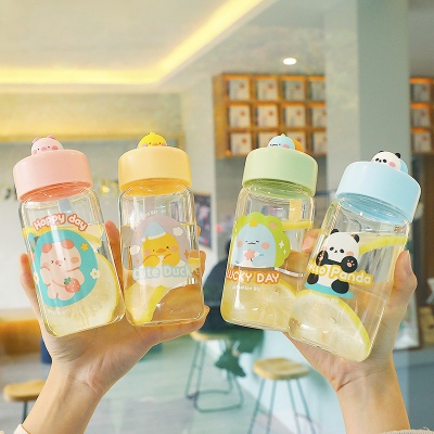 300ML趴趴动物玻璃杯可爱少女心饮水杯硅胶提绳随手杯
