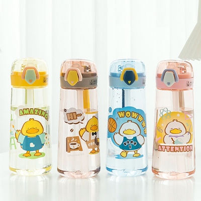 500ML可爱打工萌鸭吸管塑料杯学生便携提绳随手杯