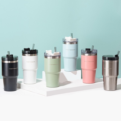 600ML大容量12#咖啡杯304不锈钢车载保温杯带吸管