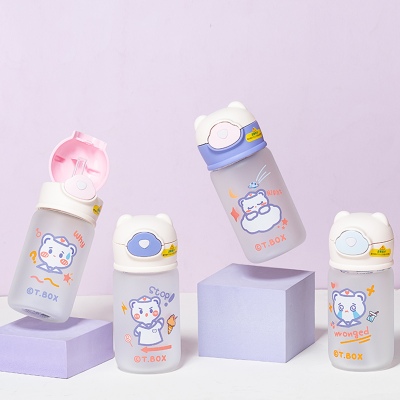 350ML蓝熊系列吸管玻璃杯学生可爱弹跳盖磨砂水杯