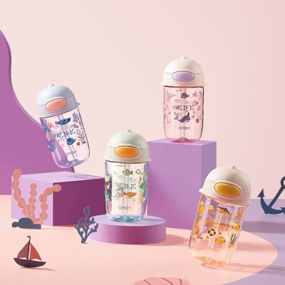 400ML海洋生物儿童水杯夏季可爱便携带吸管塑料杯