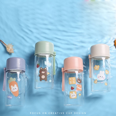 240ML可爱萌兔呆熊喜乐时尚玻璃杯小清新学生提手水杯