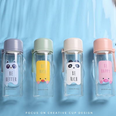 320ML萌萌方块动物时尚玻璃杯可爱森系男女学生水杯