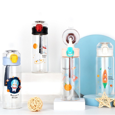 420ML兔兔星空弹跳吸管玻璃杯学生小清新可爱便携水杯