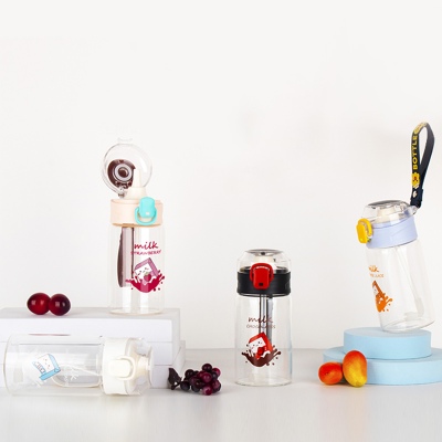 320ML牛奶果汁弹跳吸管玻璃杯学生小清新可爱便携水杯