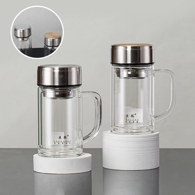 360ML手柄玻璃杯简约商务男士双层泡茶办公礼品杯子