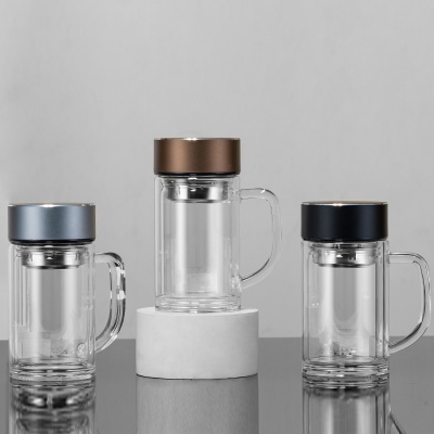 360ML手柄玻璃杯简约商务男士双层泡茶办公礼品杯子