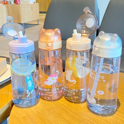 500ML卡通喵生百态塑料杯弹跳盖清新可爱吸管杯（彩盒）