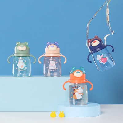450ml卡通水果熊儿童塑料杯背带儿童壶双手柄杯子