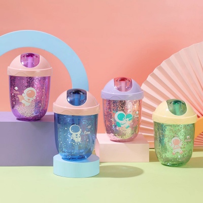 300ML太空人系列滑翔盖塑料杯高颜值网红吸管杯子