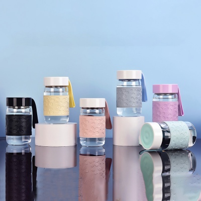 360ML樱花款迪欧玻璃杯PU杯套带茶隔清新可爱水杯