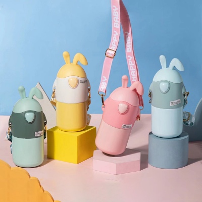 480ML卡通萌兔背带保温杯316不锈钢可爱吸管水杯子