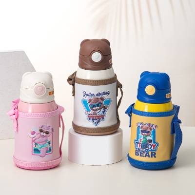 500ML卡通潮酷泰迪熊保温杯304不锈钢儿童吸管杯