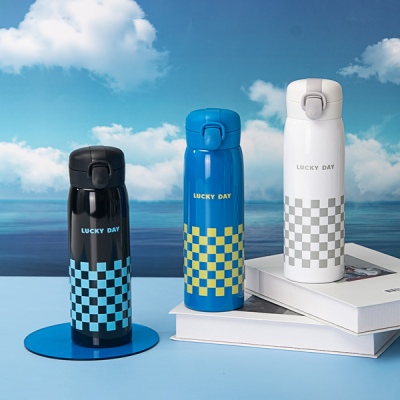 500ML创意棋盘格子弹盖保温杯304不锈钢子弹头水杯