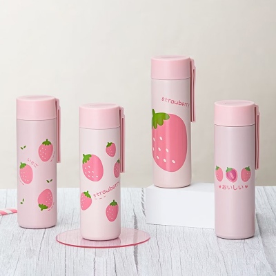 450ML可爱草莓吊带直身保温杯304不锈钢小清新水杯