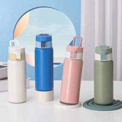 550ML简约纯色真空保温杯304不锈钢弹跳盖手提水杯