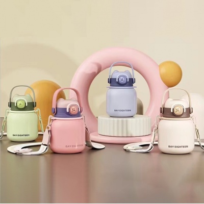 650ML炸弹猫吸管大肚保温杯304不锈钢简约可斜挎水杯