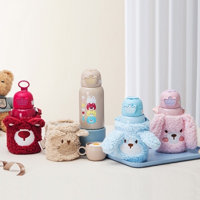 500ML游园会系列儿童吸管保温杯卡通可爱一杯两盖水杯