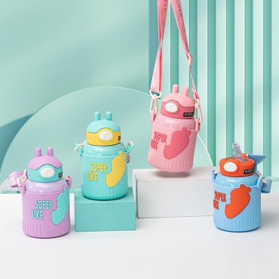 530ML卡通萌萌兔吸管保温杯316不锈钢可爱背带水杯