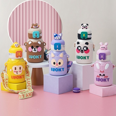 550ML幸运颜色公仔方扣保温杯304不锈钢可爱吸管杯