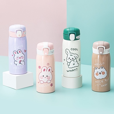 350ML萌熊实色吸管彩色卡通保温杯304不锈钢可爱水杯