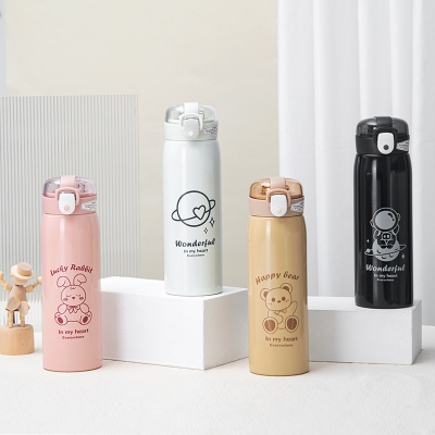 500ML萌熊透明盖吸管线描卡通保温杯304不锈钢水杯