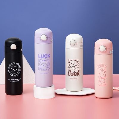 450ML欧雅线描卡通保温杯304不锈钢弹跳盖吸管杯