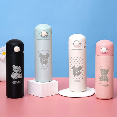 450ML欧雅线描小熊保温杯304不锈钢弹跳盖吸管杯